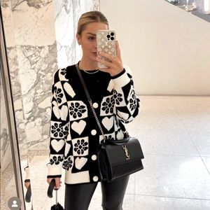 ZARA JACQUARD CHECK CARDIGAN BLACK WHITE SMALL